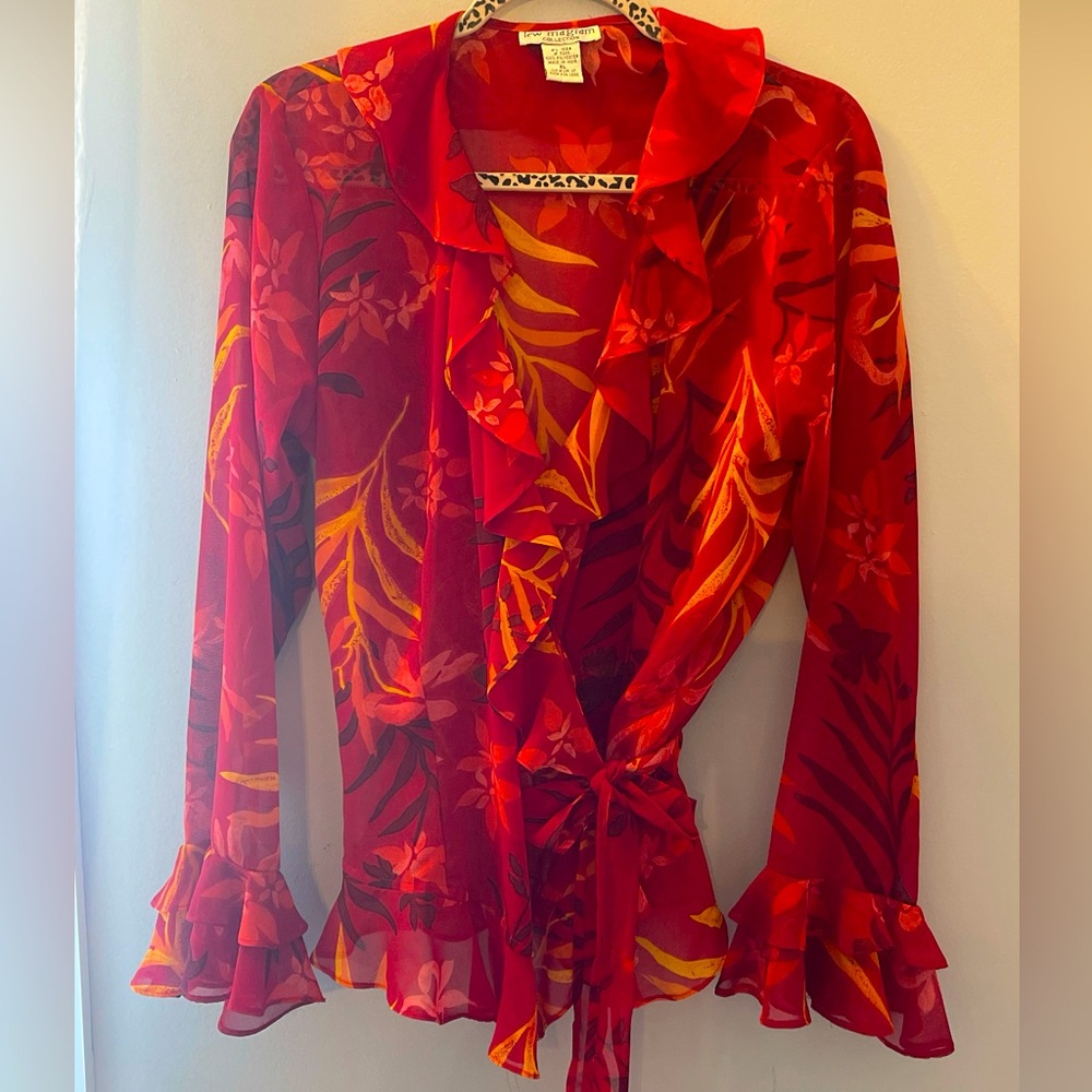 Lew Magram 1990’s Wrap Blouse Red Tropical Floral Print Ruffled VINTAGE Sz XL